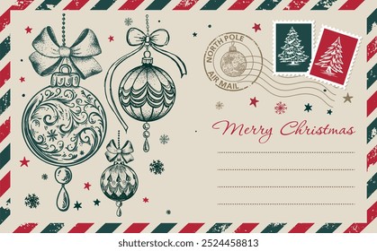 Christmas mail with toy, postcard, hand drawn illustration.	