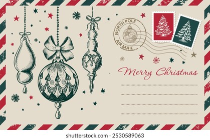 Christmas mail with toy, postcard, hand drawn illustration.	