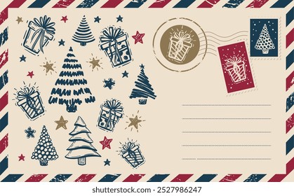 Christmas mail with tree and gift, postcard, hand drawn illustration.