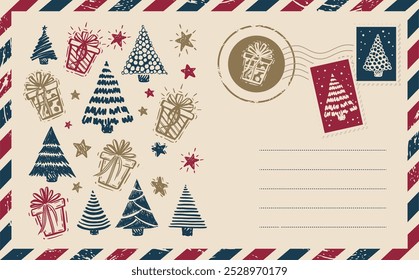 Navidades de correo con árbol y regalo, postal, ilustración dibujada a mano.