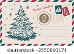 Christmas mail with tree, postcard, hand drawn illustration.