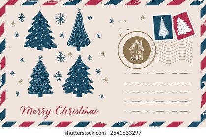 Christmas mail with tree, postcard, hand drawn illustration.	