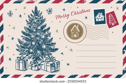 Christmas mail with tree, postcard, hand drawn illustration.