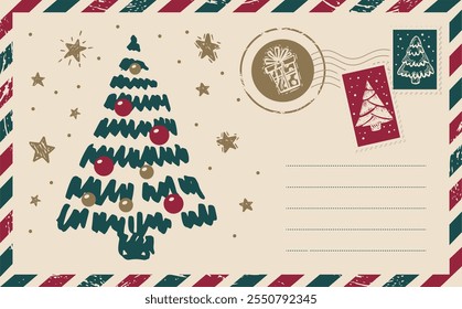 Navidades de correo con árbol, postal, ilustración dibujada a mano.