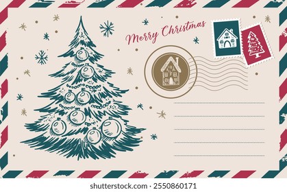 Christmas mail with tree, postcard, hand drawn illustration.