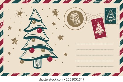 Christmas mail with tree, postcard, hand drawn illustration.