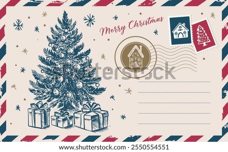 Christmas mail with tree, postcard, hand drawn illustration.