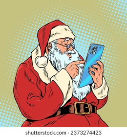 Christmas mailing to friends and family with congratulations. Santa Claus is holding a phone and will scroll down the feed. Electronic advertising in connection with promotions. Pop Art Retro Vector