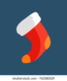 Christmas main decoration, sock of red and yellow colors, traditional symbolic object during holidays in winter, isolated on vector illustration