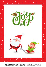 Christmas major joy card with Santa Claus and Elf. Vector Happy New Year cartoon characters Father Frost and dwarf riding on sleigh and having fun