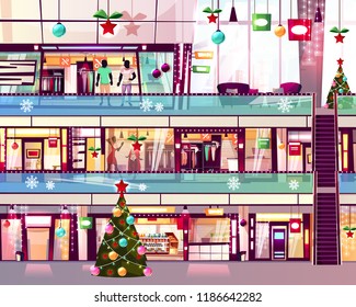 Christmas mall shops vector illustration of boutiques and Xmas tree at escalator staircase. Winter holiday decoration and sale on men and women clothes display window in multistory trade center