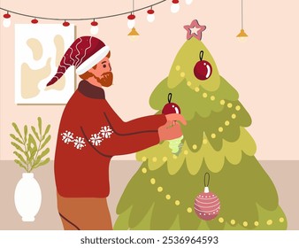 christmas man decorating tree character