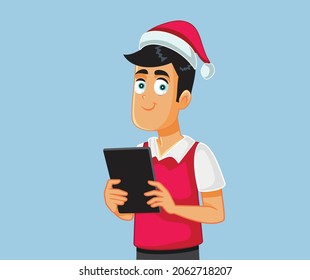 Christmas Man Holding Tablet Computer Shopping Vector Cartoon. Online shopper checking for the best holiday offers for buying presents
