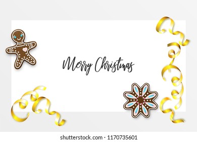 Christmas man homemade gingerbread. Realistic holiday vector background illustration. Xmas traditional ginger decor. Golden serpentine confetti.