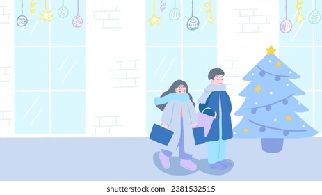 Christmas, a man and a woman couple wearing winter clothes and walking in front of a show window with a smile, cute hand drawn illustration