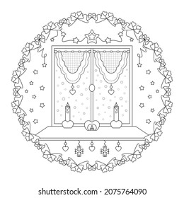 Christmas mandala. Christmas atmosphere with candles, warm and comforting. Window and snow falling. Christmas coloring page.