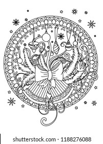 Christmas mandala coloring page. Adult coloring book. Holiday decor, bells, balls and ribbons. Hand drawn vector illustration.