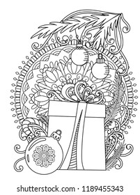 Christmas mandala coloring page. Adult coloring book. Holiday gift, balls and ribbons. Hand drawn vector illustration.