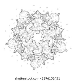 Christmas mandala from cookies (fir tree, stars with glaze patterns), balls and snow. Illustration on a whtie isolated background. For coloring book pages.