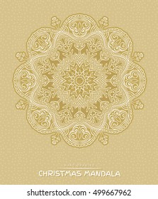 Christmas mandala with decorative holidays elements on beige background. Patterned Design Element, Coloring book. Vector illustration.