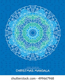 Christmas mandala with decorative holidays elements on blue background. Patterned Design Element, Coloring book. Vector illustration.