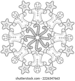 Christmas mandala with gingerbread.Coloring book antistress for children and adults. Illustration isolated on white background.Zen-tangle style. Hand draw