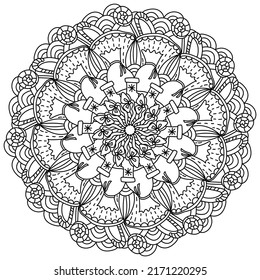 Christmas mandala, meditative coloring page with bag, sweets and ornate patterns vector illustration