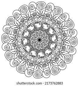 Christmas mandala, meditative coloring page with cup, holly and ornate patterns vector illustration