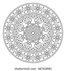 Christmas Mandala. Round Element For Coloring Book. Black Lines on White Background. Abstract Geometric Ornament. Vector.