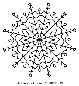 Mandala de Navidad. Mandala, copo de nieve. Elemento De Ronda Para El Libro De Colores. Líneas negras sobre fondo blanco. Vector. Elementos de decoración étnica.