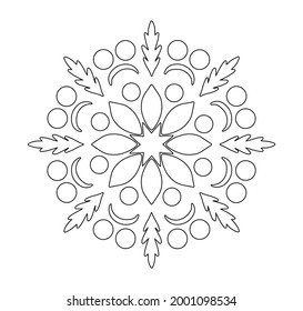Weihnachten Mandala. Schneeflocken Mandala. Rundelement zum Färben des Buches. Schwarze Linien auf weißem Hintergrund. Handgezeichnete Doodles Naturschneeflocken.  Gute Idee für Grußkarten, Einladungen, Drucke
