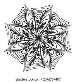 Weihnachten Mandala. Schneeflocken Mandala. Rundelement zum Färben des Buches. Schwarze Linien auf weißem Hintergrund. Vektorgrafik. Ethnische Dekorationselemente. Islam, arabische, indische, ottomanische Motive.