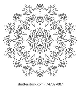 Christmas Mandala. Snowflake Mandala. Round Element For Coloring Book. Black Lines on White Background. Vector. 