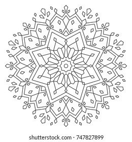 Christmas Mandala. Snowflake Mandala. Round Element For Coloring Book. Black Lines on White Background. Vector. 