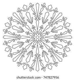 Christmas Mandala. Snowflake Mandala. Round Element For Coloring Book. Black Lines on White Background. Vector. 