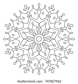 Christmas Mandala. Snowflake Mandala. Round Element For Coloring Book. Black Lines on White Background. Vector. 