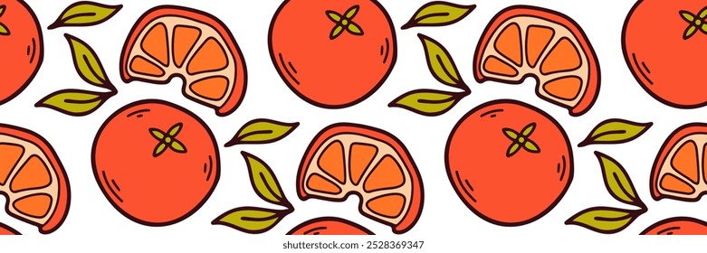 Christmas mandarin seamless pattern. Whole orange and slices, leaves. Fresh and cozy background for autumn and winter. For wallpaper, packaging, brand, market, cafe, menu. Vector doodle illustration.