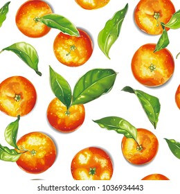 Christmas mandarin or tangerines seamless pattern. Fruits and leaves on white background, vector illustration. Use for textile, paper and wallpaper