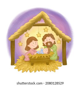 Christmas Manger scene with baby Jesus, Mary and  Joseph