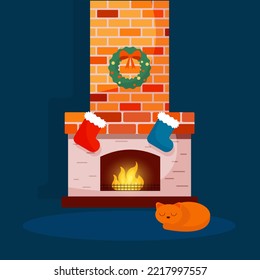 A Christmas mantel with a wreath and socks. Red cat sleeping by the fireplace. Postcard, banner for New Year and Christmas
