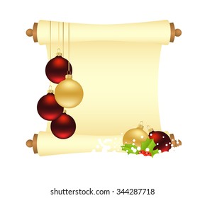 Christmas manuscript with decorations and balls. Vector illustration.