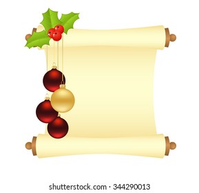 Christmas manuscript with decorations and balls. Vector illustration.