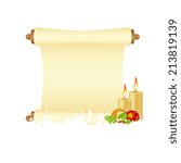 Christmas manuscript with decorations and candles. Vector illustration.