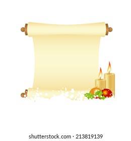 Christmas manuscript with decorations and candles. Vector illustration.