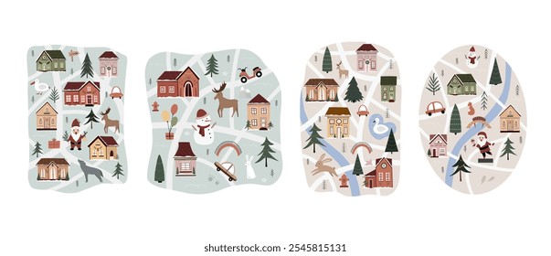 Christmas map creator hand drawn. Cute vector illustration in cartoon style, for your design poster, cards, website. Houses, snowman, trees, Santa