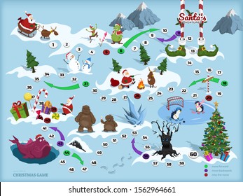 Christmas map with maze. Adventure board game for children. Boardgame in cartoon style. Santa, deer, bigfoot and elf in isometric view. Path through  labyrinth. Puzzle journey. Vector illustration