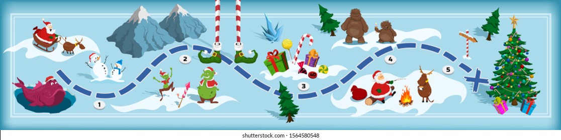 Christmas map with maze. Adventure board game for kids. Boardgame in cartoon style. Santa, deer, bigfoot and elf in isometric view. Fantasy way. Holiday panorama. Vector illustration