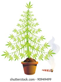 Christmas Marijuana Tree In A Pot With Burning Spliff Vector Illustration