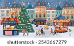 Christmas market 2025. Vector cute illustration of city decorated winter festive square with Christmas tree, kiosk, houses, people, family, carousel with horses for greeting card, background or banner