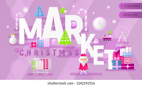 Christmas Market Advertising. Landing Page. Winter Holidays Fair Concept. Shopping Boxes and Bags near Santa and Christmas Tree. Vector Illustration for Mobile Apps, Web Design.